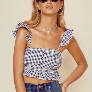 New BLUE LIFE Navy‎ & White Gingham Crop Top Large Feminine Summer Ruffle